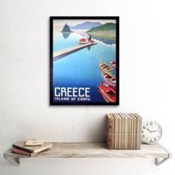 "Wee Blue Coo Travel Island Corfu Greece Boats Pier 12x16"" Framed Wall Art Print in Blue - Size: W12"" x H16""" - thumbnail 2