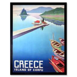 "Wee Blue Coo Travel Island Corfu Greece Boats Pier 12x16"" Framed Wall Art Print in Blue - Size: W12"" x H16""" - thumbnail 1