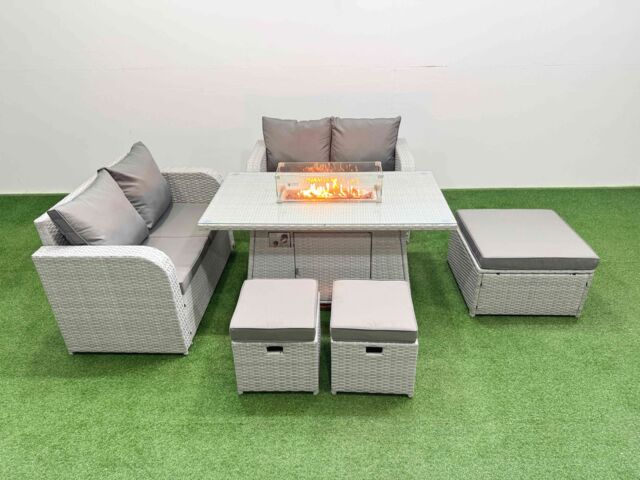 Fimous 7 Seater Outdoor Love Sofa Set Rattan Garden Furniture Set with Firepit Dining Table 3 Footstool Light Grey - image 1
