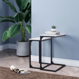 EONLION Oak Seville Modern Nesting Coffee Tables, Wood Metal Frame Set in White - thumbnail 4