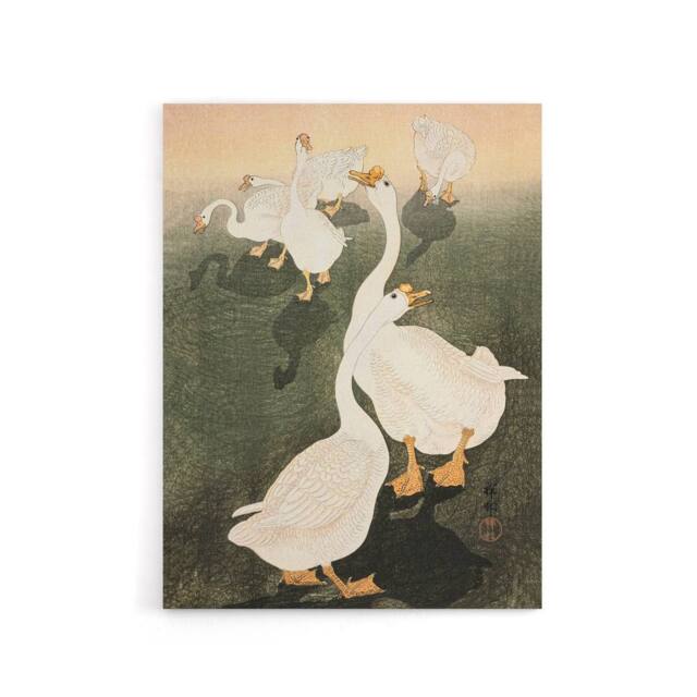 "Artery8 A Flock Of Grazing Geese 1926 Canvas Wall Art Print Ohara Koson in Orange - Size: W18"" x H24""" - image 1
