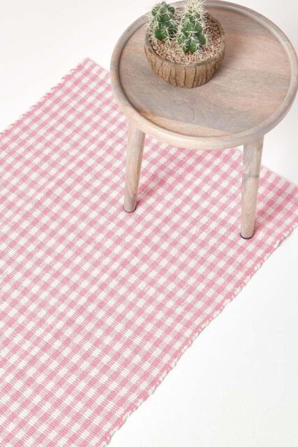 Homescapes Cotton Gingham Check Hand Woven Hall Runner, 66 x 200 cm in Pink - Size: 66 cm x 200 cm - image 1