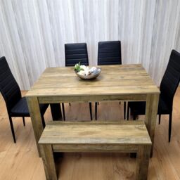 KOSY KOALA Wooden Dining Table Set for 6 - Rustic Effect Table With 4 Black Chairs & 1 Bench Dining Room Furniture in Brown - thumbnail 3