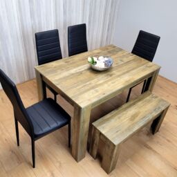 KOSY KOALA Wooden Dining Table Set for 6 - Rustic Effect Table With 4 Black Chairs & 1 Bench Dining Room Furniture in Brown - thumbnail 8
