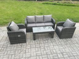 Fimous Outdoor Garden Furniture Sets 5 Seater Wicker Rattan Furniture Sofa Sets with Rectangular Coffee Table Reclining Chair in Dark Grey - thumbnail 2