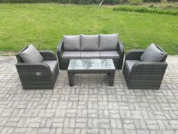 Fimous Outdoor Garden Furniture Sets 5 Seater Wicker Rattan Furniture Sofa Sets with Rectangular Coffee Table Reclining Chair in Dark Grey - thumbnail 1