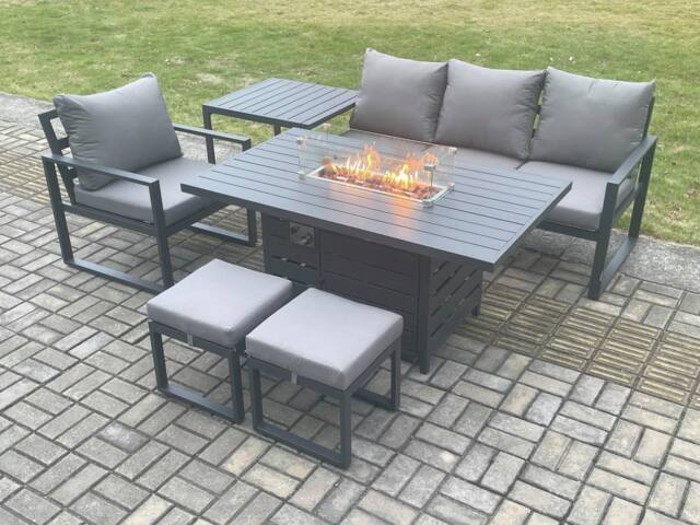 Fimous Aluminium 6 Pieces Garden Furniture Sofa Set with Cushions Gas Fire Pit Dining Table Set with 2 Small Footstools Side Table Dark Grey - image 1