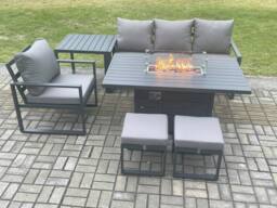 Fimous Aluminium 6 Pieces Garden Furniture Sofa Set with Cushions Gas Fire Pit Dining Table Set with 2 Small Footstools Side Table Dark Grey - thumbnail 2