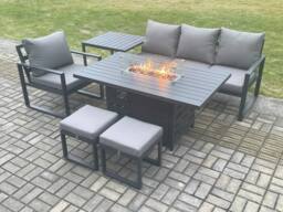 Fimous Aluminium 6 Pieces Garden Furniture Sofa Set with Cushions Gas Fire Pit Dining Table Set with 2 Small Footstools Side Table Dark Grey - thumbnail 1