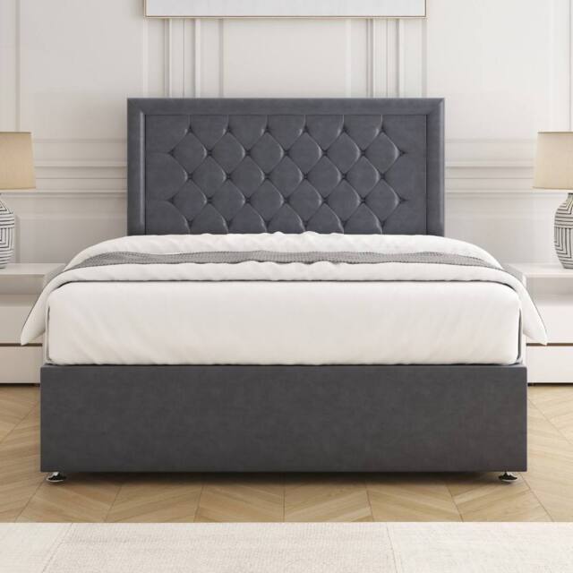 "BSSPOKE Nova Plush Velvet Divan Bed Set 24"" Headboard & Mattress No Drawers in Charcoal - Size: Double" - image 1