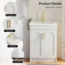 KEEPREAPER Sleek Bathroom Vanity Unit With Ceramic Wash Basin White 2-door - thumbnail 6