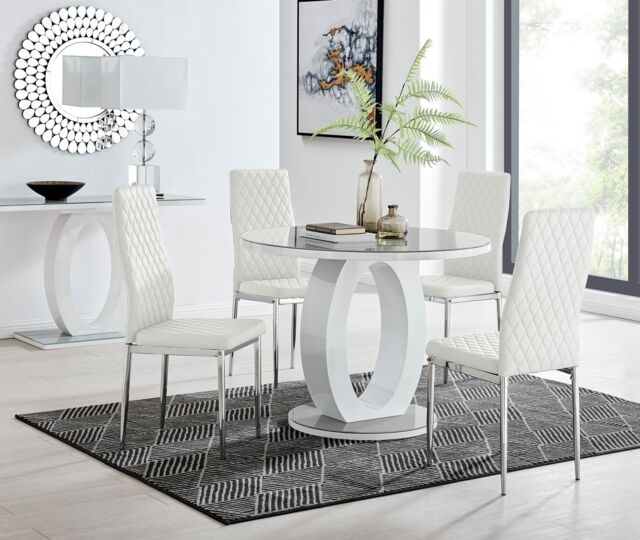 FurnitureboxUK Giovani Round 4 Seat 100cm White High Gloss Halo Base Grey Glass Top Dining Table 4 Soft Faux Leather Silver Leg Milan Chairs - image 1