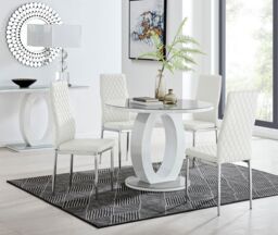 FurnitureboxUK Giovani Round 4 Seat 100cm White High Gloss Halo Base Grey Glass Top Dining Table 4 Soft Faux Leather Silver Leg Milan Chairs