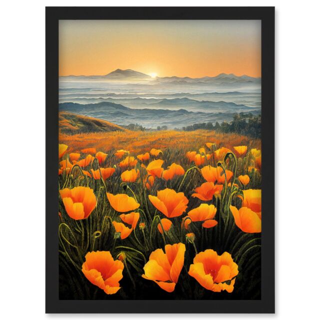 Artery8 Shoreline California Poppies At Sunrise Painting Artwork Framed Wall Art Print A4 in Black - image 1