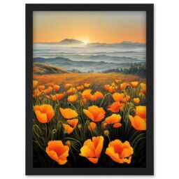 Artery8 Shoreline California Poppies At Sunrise Painting Artwork Framed Wall Art Print A4 in Black - thumbnail 1