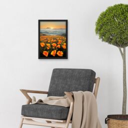 Artery8 Shoreline California Poppies At Sunrise Painting Artwork Framed Wall Art Print A4 in Black - thumbnail 2