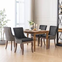 Modern Home Touch Bewley Set of 4 Vintage Linen Upholstered Kitchen Dining Chairs with Oak Wood Legs Beige in Black - Size: 4 Pack - thumbnail 4