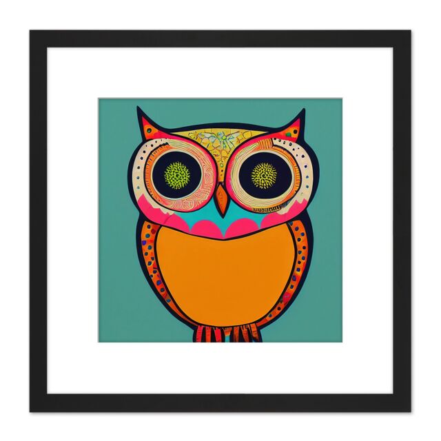 Artery8 Vibrant Coloured Retro Owl With Tribal Illustration Square Wooden Framed Wall Art Print Picture 8X8 Inch in Black - image 1