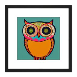 Artery8 Vibrant Coloured Retro Owl With Tribal Illustration Square Wooden Framed Wall Art Print Picture 8X8 Inch in Black - thumbnail 1