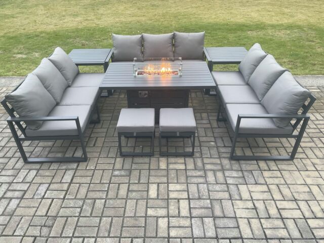 Fimous Aluminium 11 Seater Garden Furniture Outdoor Set Patio Lounge Sofa Gas Fire Pit Dining Table Set with 2 Small Footstools in Dark Grey - image 1