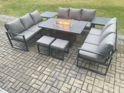 Fimous Aluminium 11 Seater Garden Furniture Outdoor Set Patio Lounge Sofa Gas Fire Pit Dining Table Set with 2 Small Footstools in Dark Grey - thumbnail 2