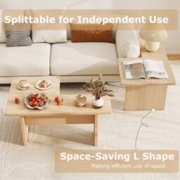 Costway 2PCS Modular Coffee Table Shaped Center Tables Wooden Side Table in Light Oak - thumbnail 8