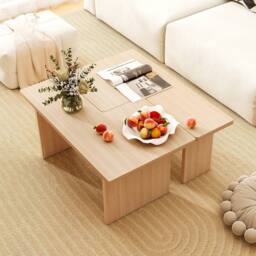 Costway 2PCS Modular Coffee Table Shaped Center Tables Wooden Side Table in Light Oak - thumbnail 5