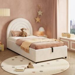 Matteo Beige Velvet Kids Single Bed Frame with Hydraulic Storage - 3ft - thumbnail 3