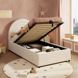 Matteo Beige Velvet Kids Single Bed Frame with Hydraulic Storage - 3ft - thumbnail 1