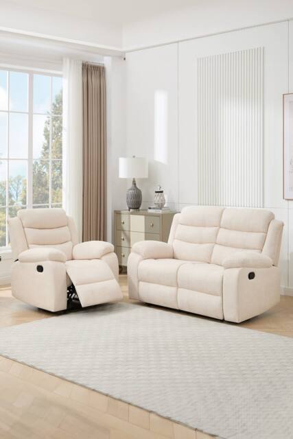 More4Homes Boston Manual Recliner Fabric 1+2 Seater Sofa Set in Beige - image 1