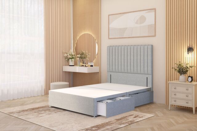 "Somnior Eleanor Divan Bed 2 Drawers & 54"" Floor Standing Headboard Linen in Light Grey - Size: King" - image 1