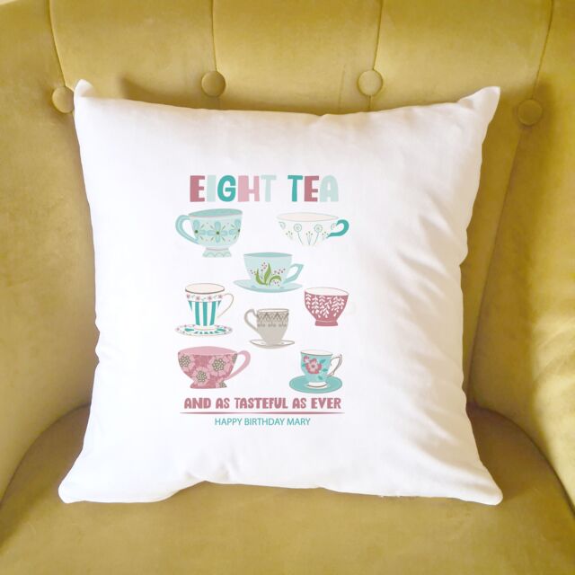 Afewhometruths Personalised 80th Birthday Gift Cushion for Tea Lover in White - Size: 40 cm x 40 cm - image 1