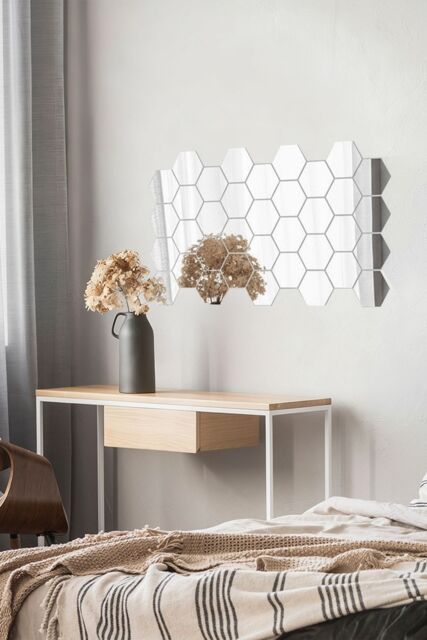 Living and Home 36Pcs DIY Mirror Wall Stickers Self-adhesive Hexagonal Acrylic Mirror Tiles in Silver - image 1