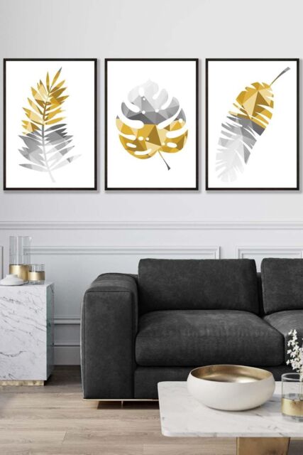 ARTZE Geometric Tropical Leaves In Yellow Grey Framed Wall Art - Large in Black - Size: W53 cm x H73 cm x D20mm - image 1