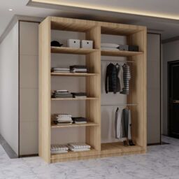 MN Furniture Wardrobe Modern Sliding Mirror Door - LED Light 150cm x 217cm in Light Oak - Size: 150 cm x 217 cm - thumbnail 3