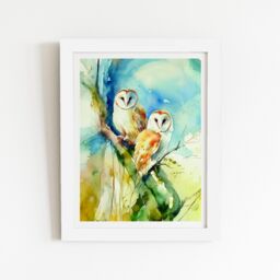 "Warren Reed - Designer Barn Owls Watercolour Framed Art Print in White - Size: W24"" x H36""" - thumbnail 2