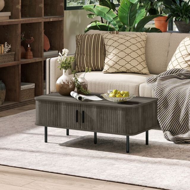 HOMCOM Coffee Table with Storage & Sliding Doors for Living Room in Grey - image 1