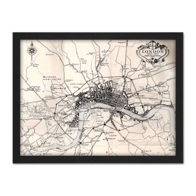 "Artery8 Wall Art Print Map Crown 1930 London City England 1660 Plan Chart Large Framed Wall Décor Art in Black - Size: W18"" x H24""" - image 1