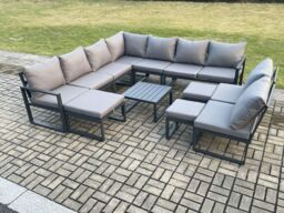 Fimous 12 Seater Patio Outdoor Garden Furniture Aluminium Lounge Corner Sofa Set with Square Coffee Table with 3 Footstools Dark Grey - thumbnail 1