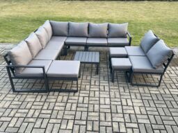 Fimous 12 Seater Patio Outdoor Garden Furniture Aluminium Lounge Corner Sofa Set with Square Coffee Table with 3 Footstools Dark Grey - thumbnail 2