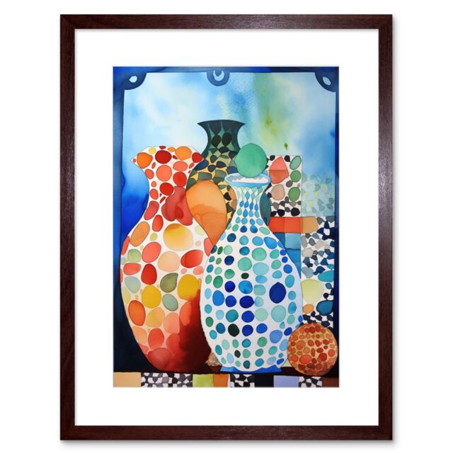 "Artery8 Wall Art Print Polka Dot Glazed Porcelain Ceramic Vases Folk Artwork Framed 9X7 Inch in Brown - Size: W7"" x H9""" - image 1