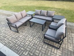 Fimous Aluminium 7 Pieces Garden Furniture Set with Cushions 8 Seater Outdoor Patio Lounge Sofa Set with 2 Armchairs 2 Side Tables Dark Grey - thumbnail 2