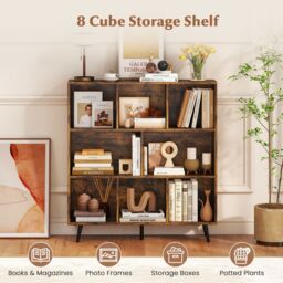 Gymax 8-Cube Bookcase Mid Century Modern Storage Organizer in Brown - thumbnail 4