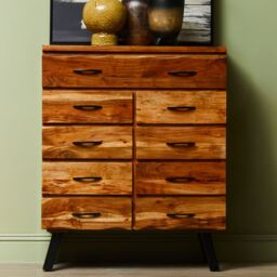 Orsina 9‑Drawer Acacia Chest, Natural Solid Acacia Wood Storage Chest with Black Metal Legs, Multi‑Drawer Dresser - thumbnail 1