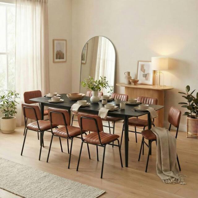 FurnitureboxUK Leif Oak Veneer Wood Extending Dining Table with 8 Tan Delta Chairs in Black - image 1