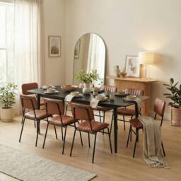 FurnitureboxUK Leif Oak Veneer Wood Extending Dining Table with 8 Tan Delta Chairs in Black - thumbnail 1