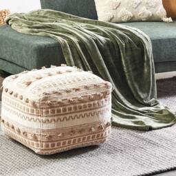 Wyld and Coco Boho Cotton Pouffe Beige 50x50x35 cm EPS Filling - Size: 50 x 50 x 35 cm - thumbnail 1