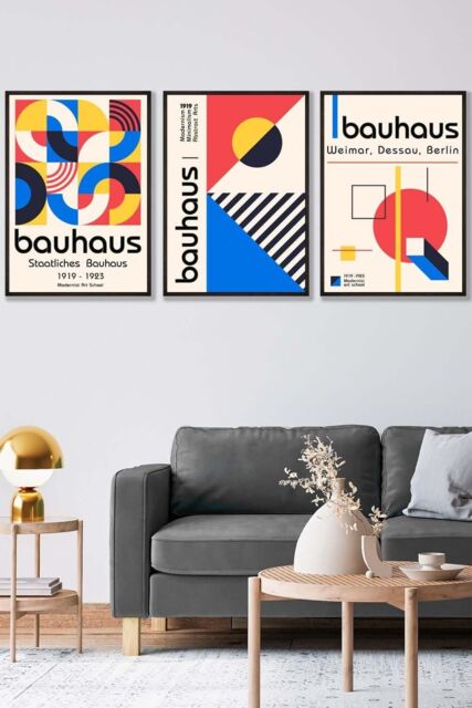 ARTZE Set of 3 Black Framed Mid Century Bauhaus Exhibition Red Blue Yellow Wall Art - Size: W33 cm x H45 cm x D20mm - image 1