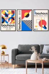 ARTZE Set of 3 Black Framed Mid Century Bauhaus Exhibition Red Blue Yellow Wall Art - Size: W33 cm x H45 cm x D20mm - thumbnail 1