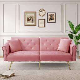BTM Velvet 2-Seater Sofa Bed with 3-Stage Backrest & Gold Feet in Pink - Size: A - thumbnail 5